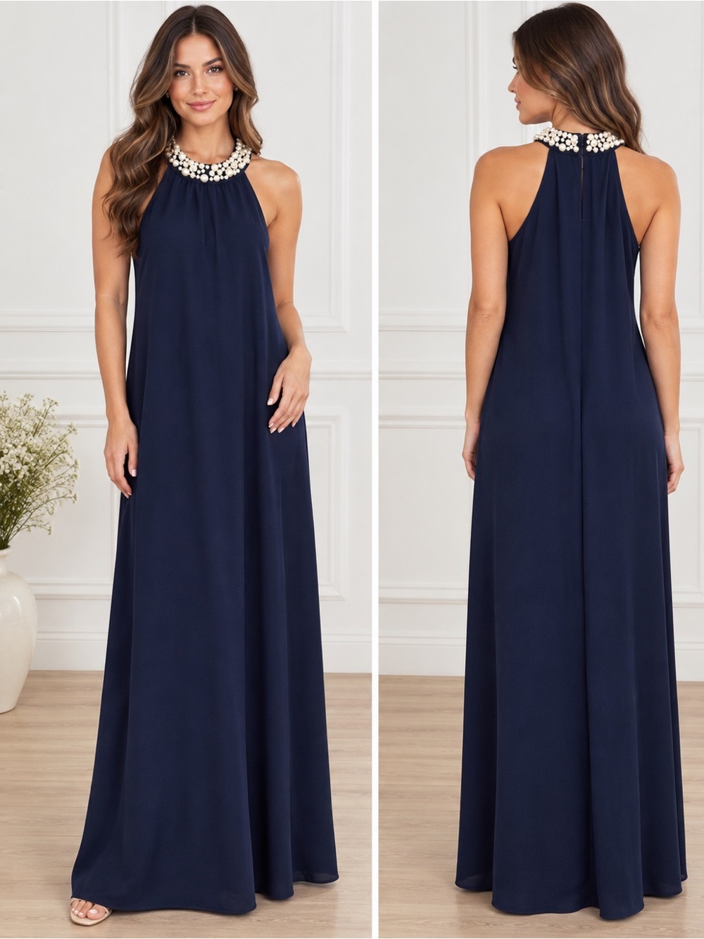 Lilly Pulitzer Navy Blue Pearl Embellished Halter Maxi Dress Size XXS